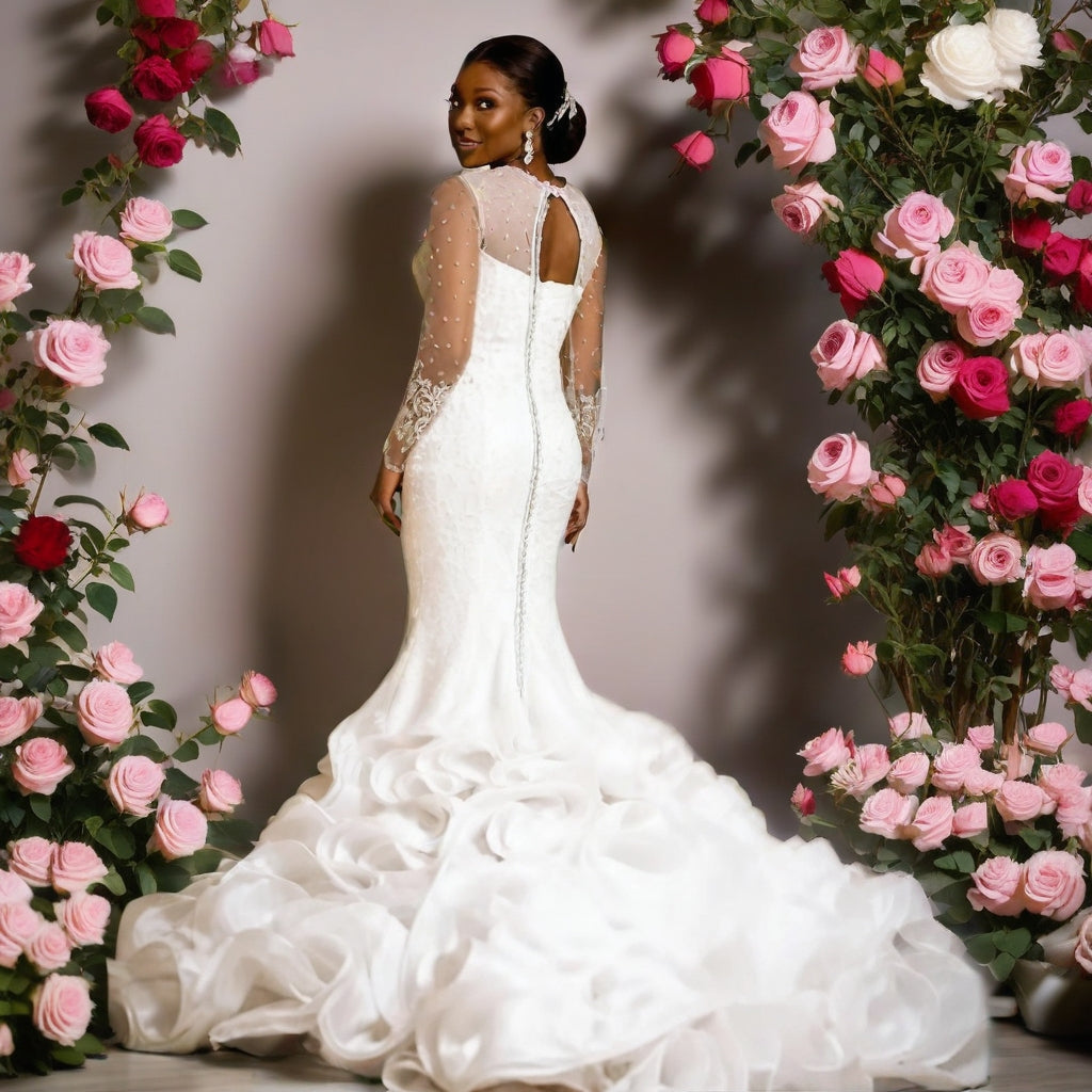 Lace Slim Fit Wedding Gown | Long Sleeve, Hollow Back, Lace-Up | Plus Size