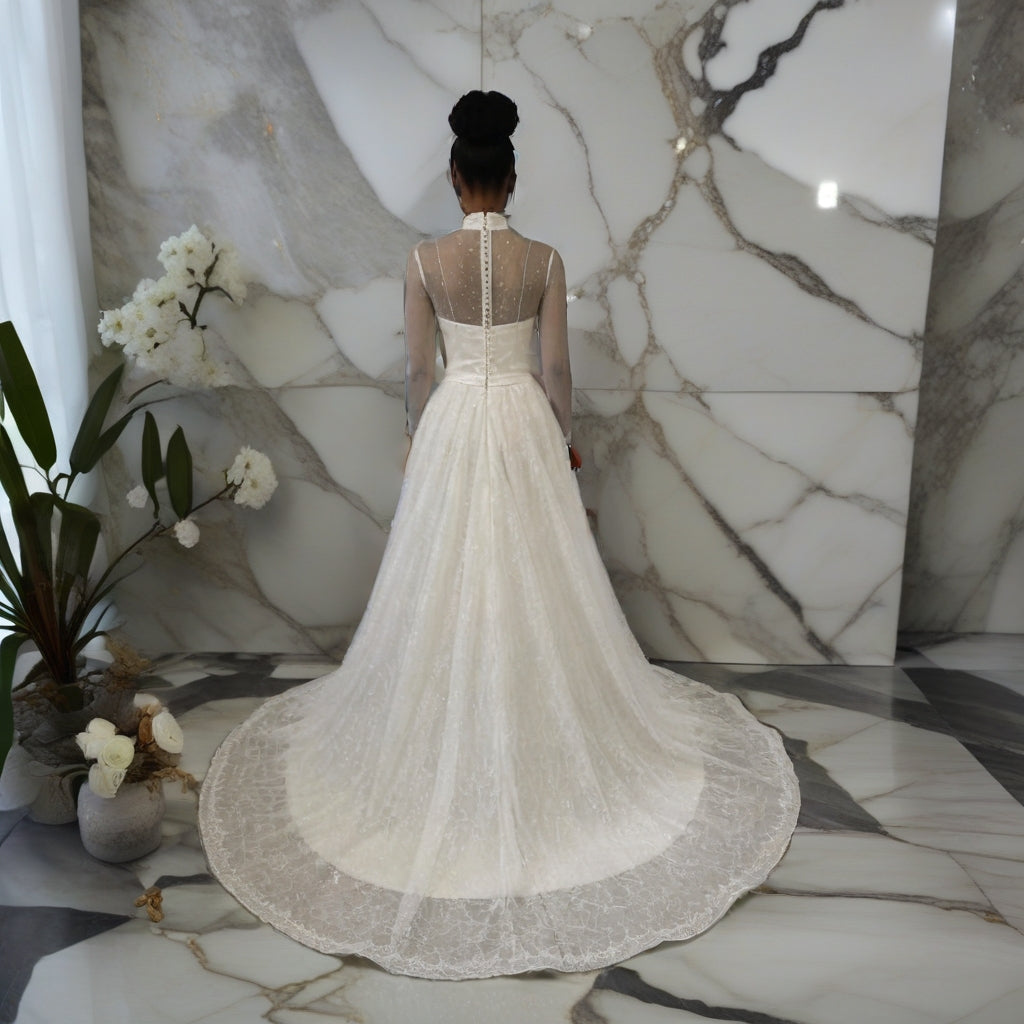 Long Sleeve Lace A-Line Wedding Gown with High Neck