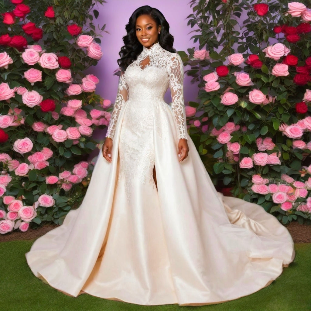 High Neck Lace Long Sleeve Plus Size Wedding Gown with Detachable lace Train