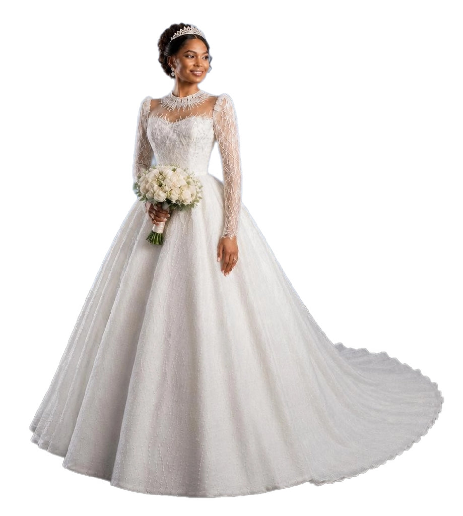 Crystal High Neck Ball Gown – Plus Size Wedding Dress with Long Sleeves & Cathedral Train