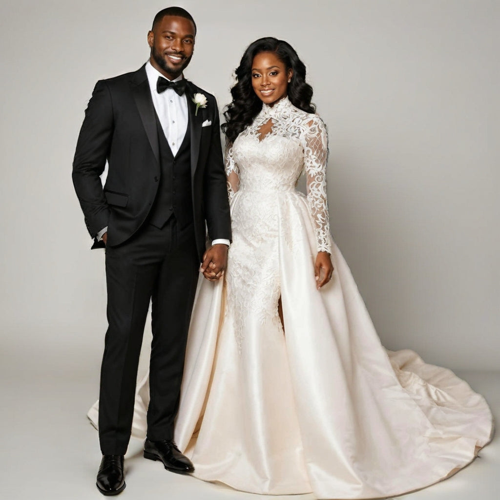 High Neck Lace Long Sleeve Plus Size Wedding Gown with Detachable lace Train