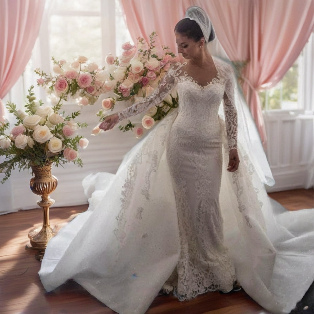 Long Sleeve Lace Ball Gown – Plus Size Wedding Dress with Cathedral Train