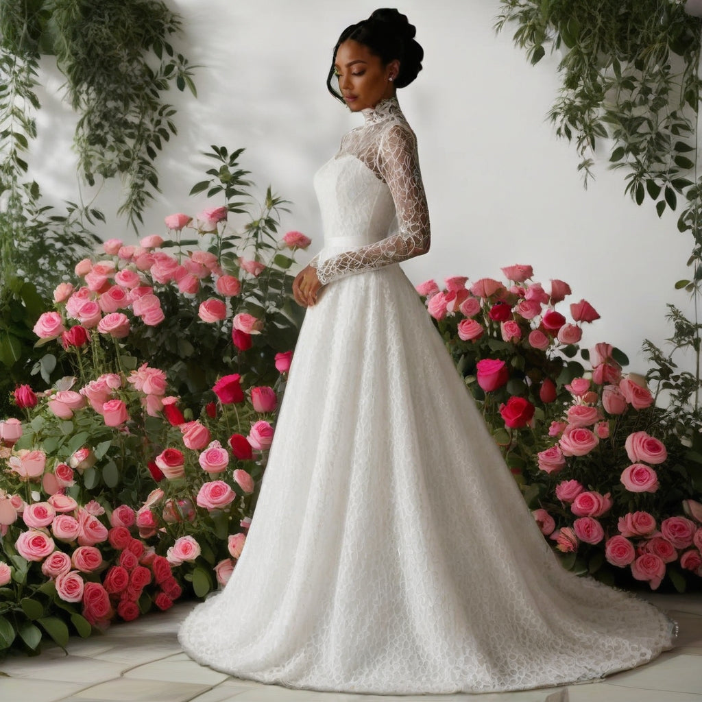Long Sleeve Lace A-Line Wedding Gown with High Neck