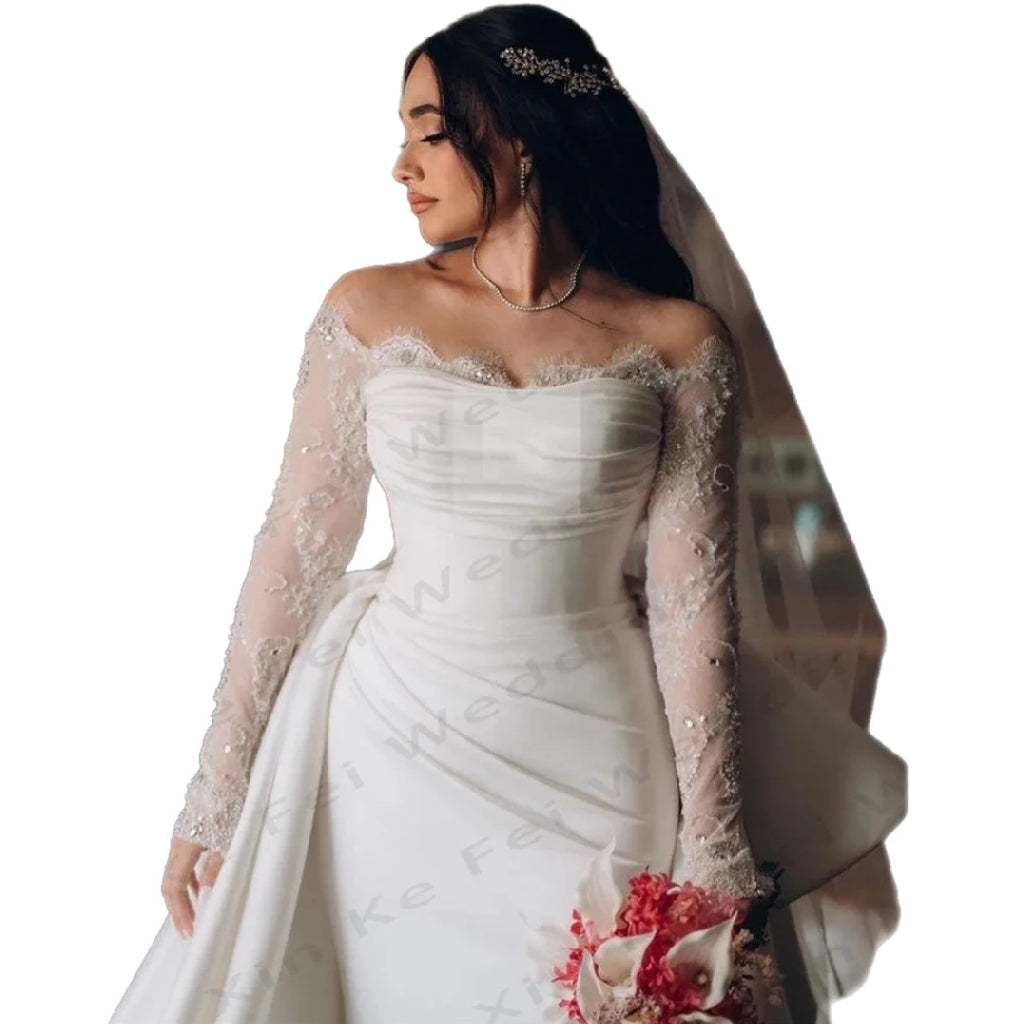 Off-Shoulder Mermaid Wedding Gown with Detachable Train | Lace Sleeves | Plus Size 2–26W