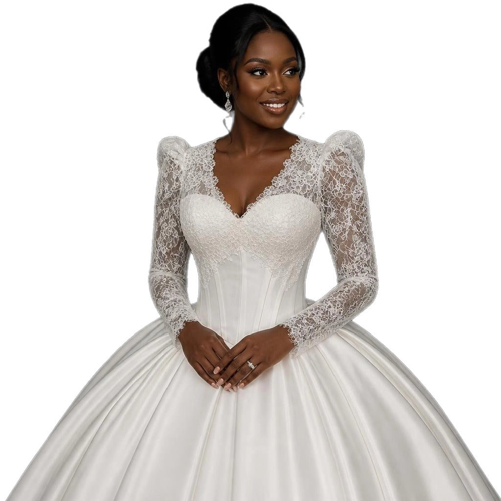 Lace & Satin Ball Gown Wedding Dress with Long Sleeves
