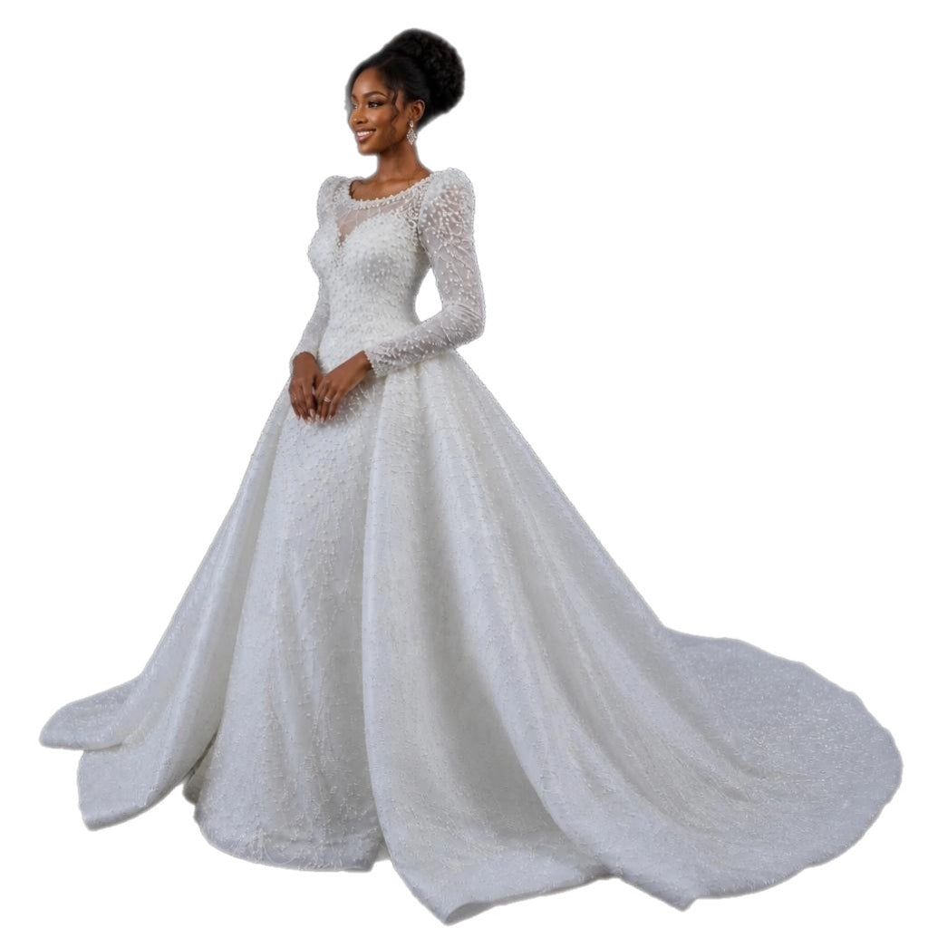 Luxury Pearl Beaded White Sheath Ball Gown Vintage Royal Wedding Dress