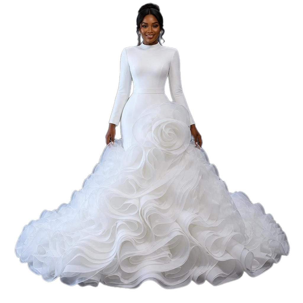 Plus Size Long Sleeve High Neck Ruffle Ball Gown – Ivory – Made to Order
