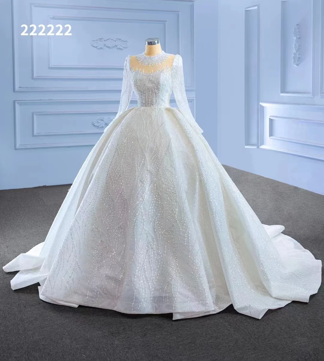 Crystal High Neck Ball Gown – Plus Size Wedding Dress with Long Sleeves & Cathedral Train