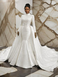 High Neck Long Sleeve Mermaid Wedding Gown with Detachable Cathedral Overskirt