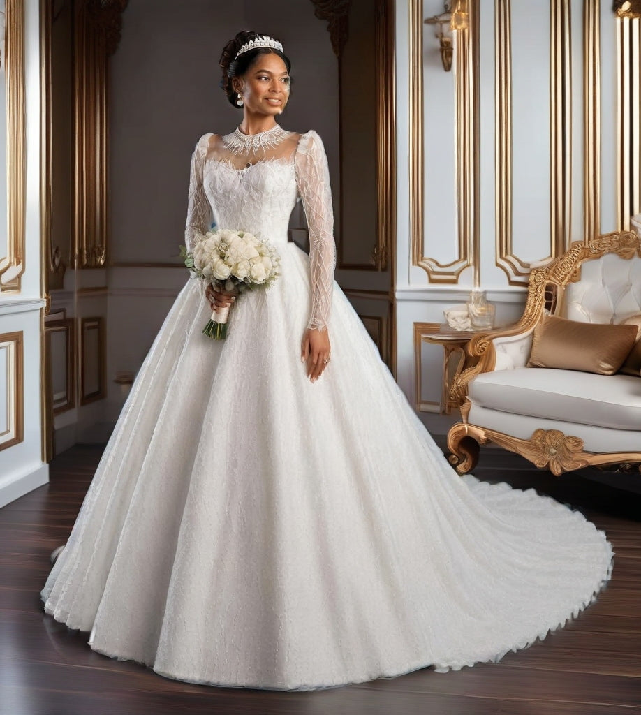 Crystal High Neck Ball Gown – Plus Size Wedding Dress with Long Sleeves & Cathedral Train