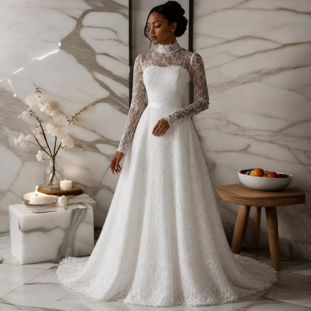 Long Sleeve Lace A-Line Wedding Gown with High Neck