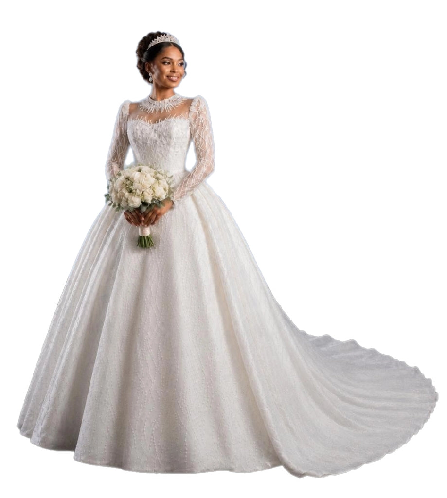 Crystal High Neck Ball Gown – Plus Size Wedding Dress with Long Sleeves & Cathedral Train
