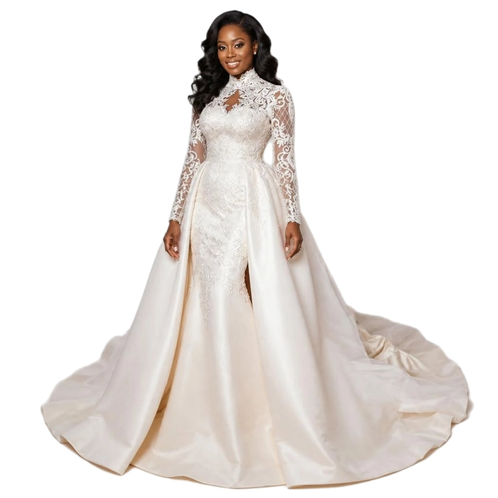 High Neck Lace Long Sleeve Plus Size Wedding Gown with Detachable lace Train