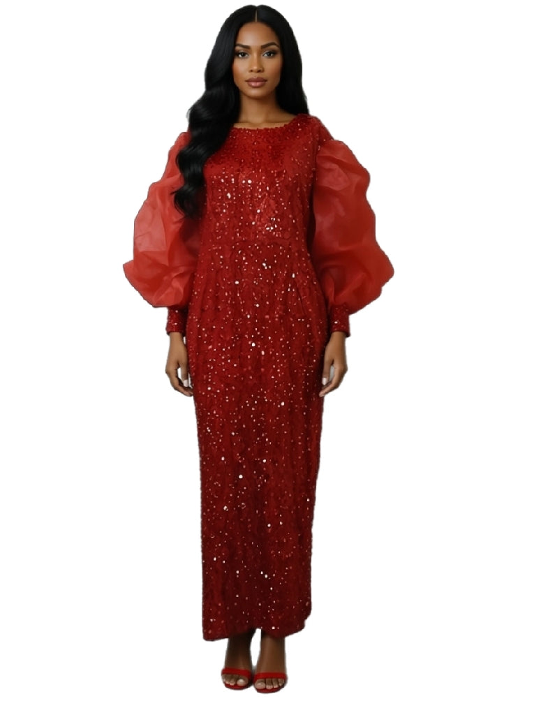 Elegant Red Maxi Sequin Dress with Ruffled Sleeves