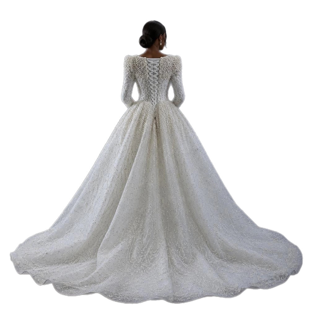 Luxury Pearl Beaded White Sheath Ball Gown Vintage Royal Wedding Dress