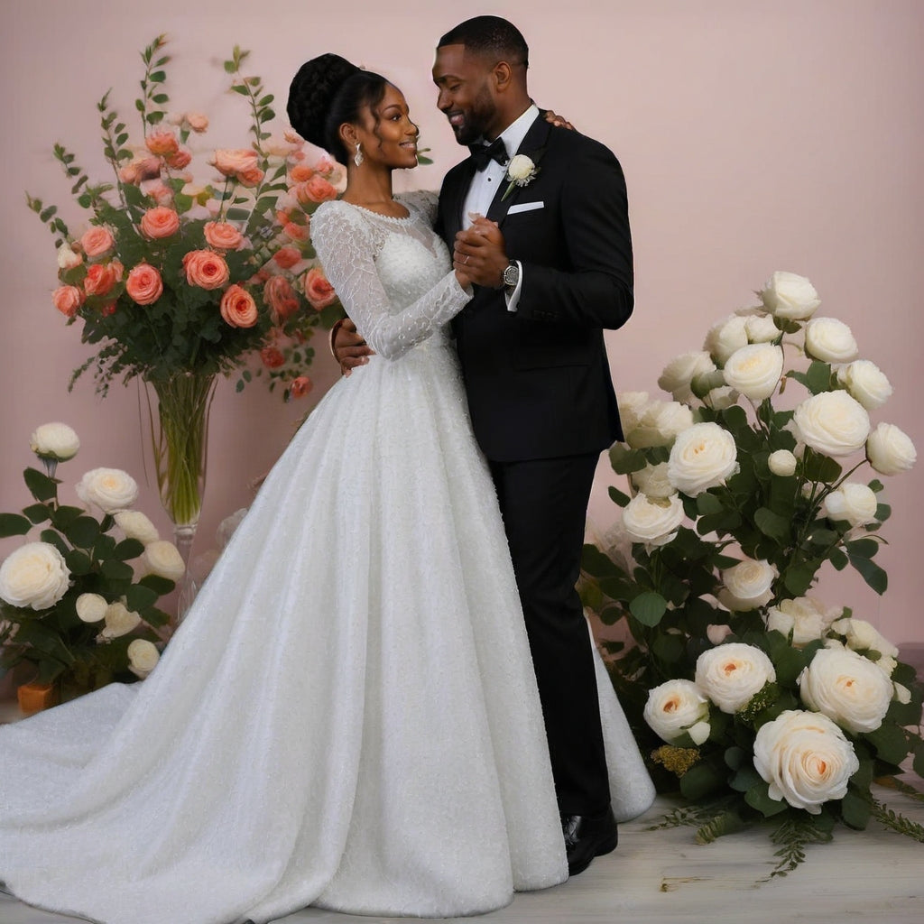 Luxury Pearl Beaded White Sheath Ball Gown Vintage Royal Wedding Dress