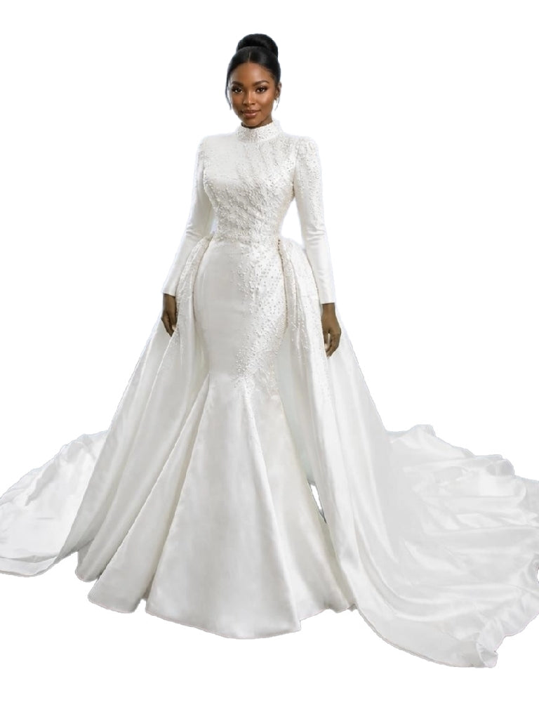 High Neck Long Sleeve Mermaid Wedding Gown with Detachable Cathedral Overskirt