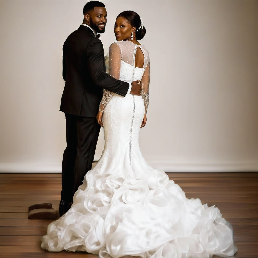 Lace Slim Fit Wedding Gown | Long Sleeve, Hollow Back, Lace-Up | Plus Size