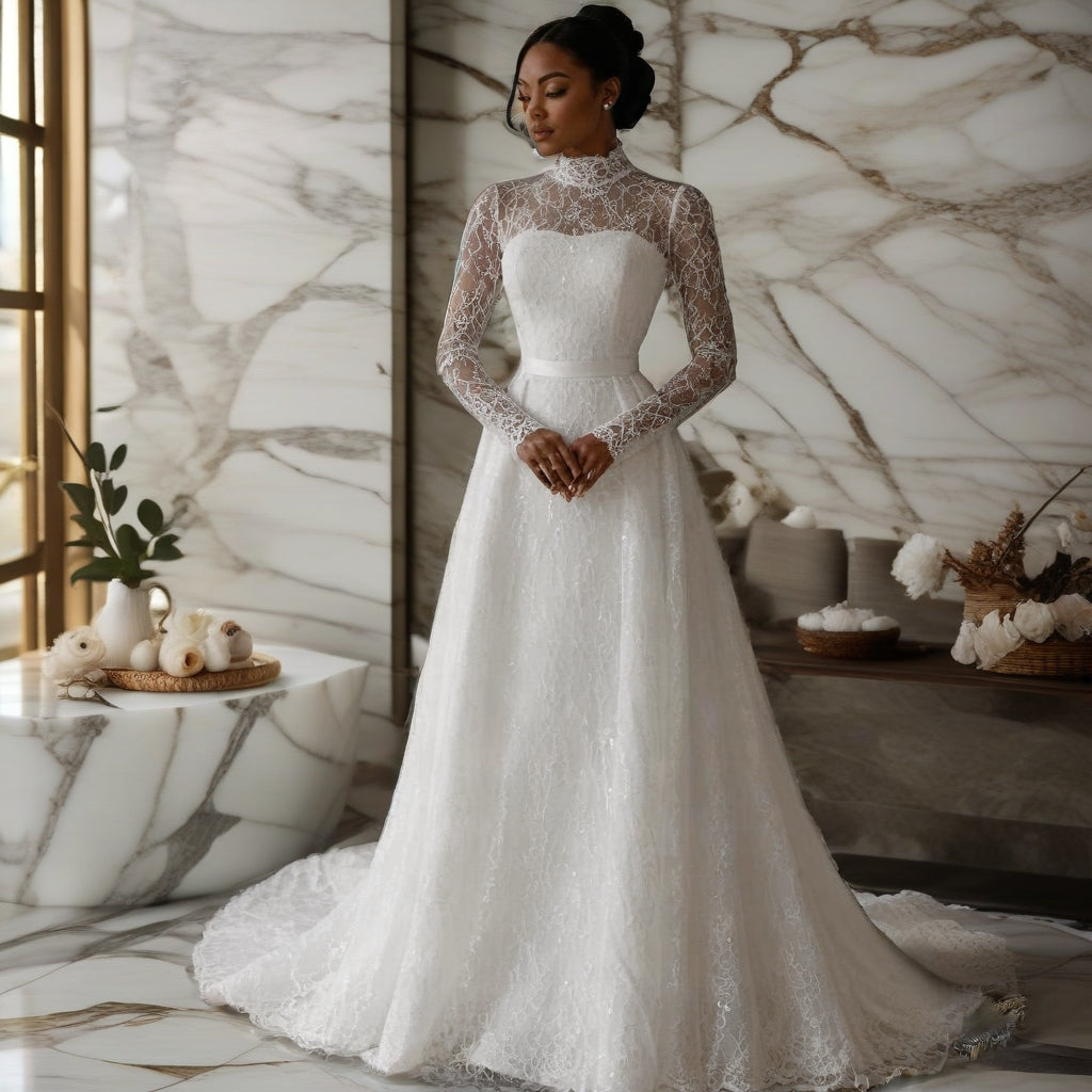 Long Sleeve Lace A-Line Wedding Gown with High Neck