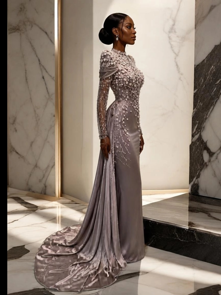 Made-to-Order Long Sleeve Embellished Gown with Train