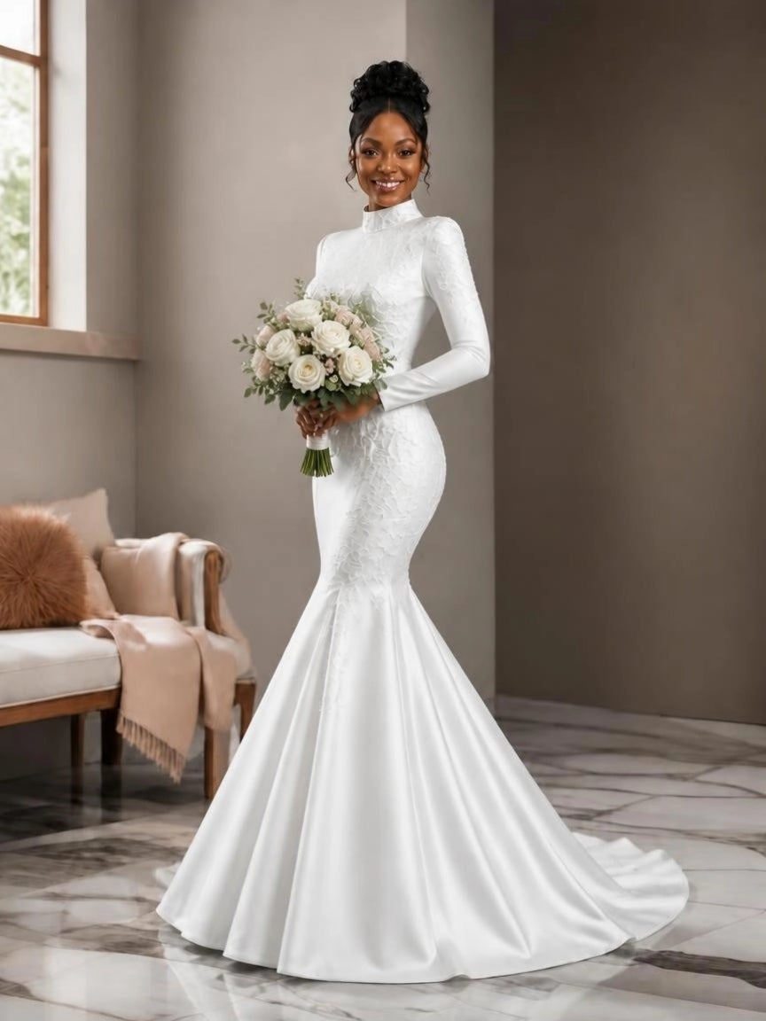 High Neck Long Sleeve Mermaid Wedding Gown with Detachable Cathedral Overskirt