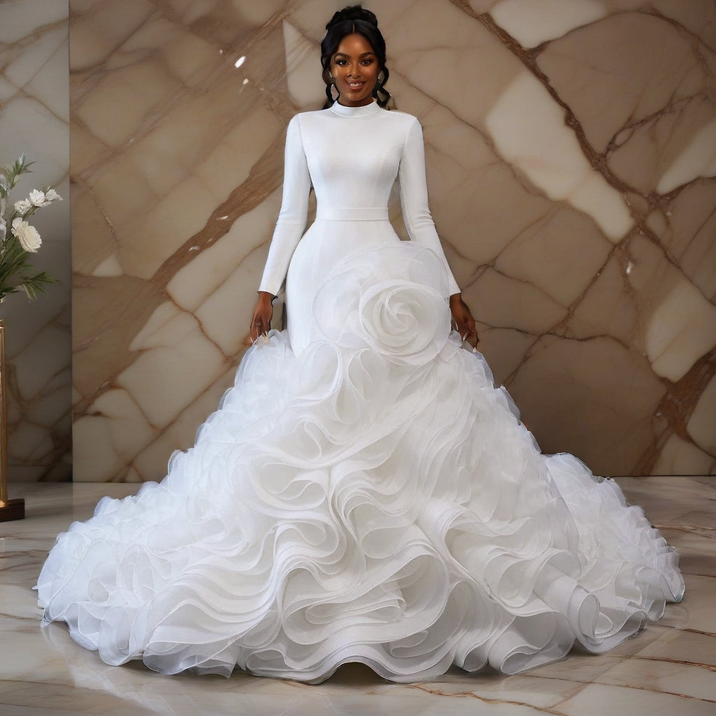 Plus Size Long Sleeve High Neck Ruffle Ball Gown – Ivory – Made to Order