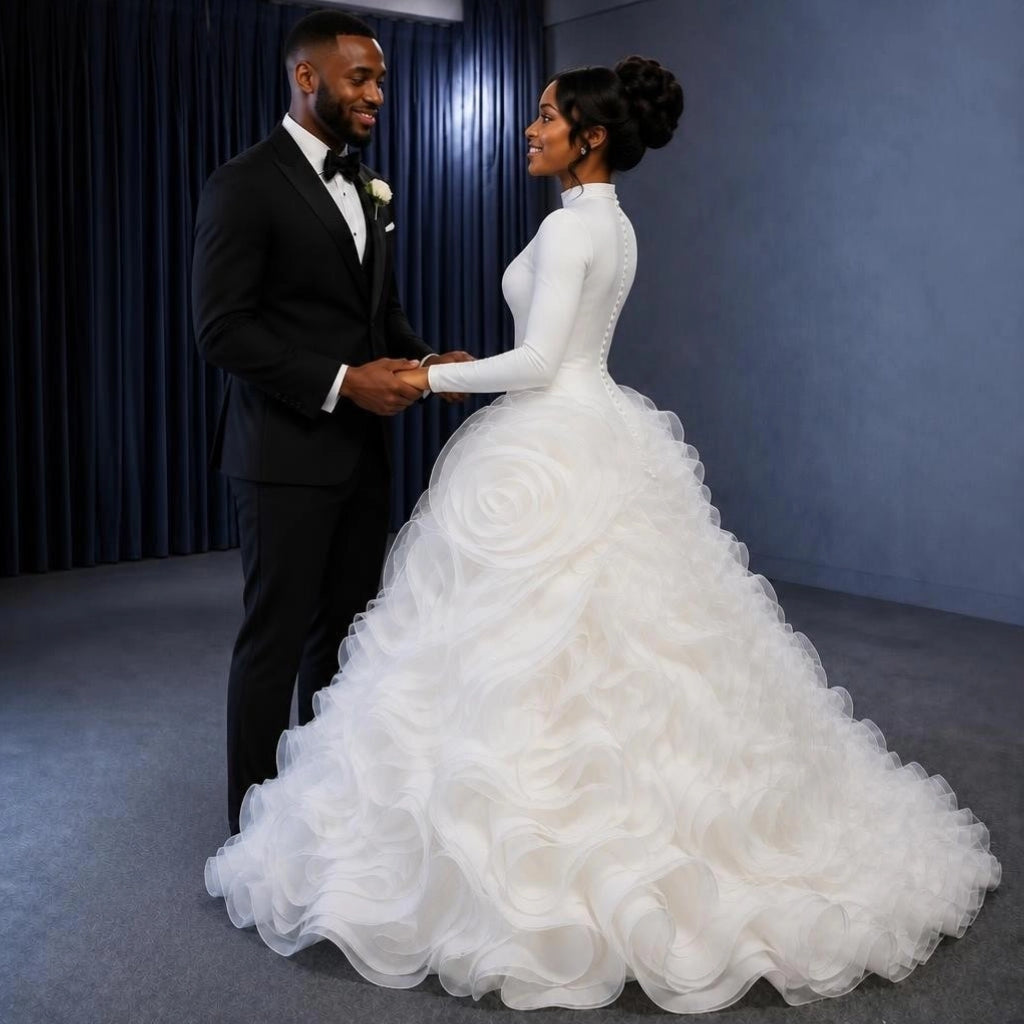 Plus Size Long Sleeve High Neck Ruffle Ball Gown – Ivory – Made to Order