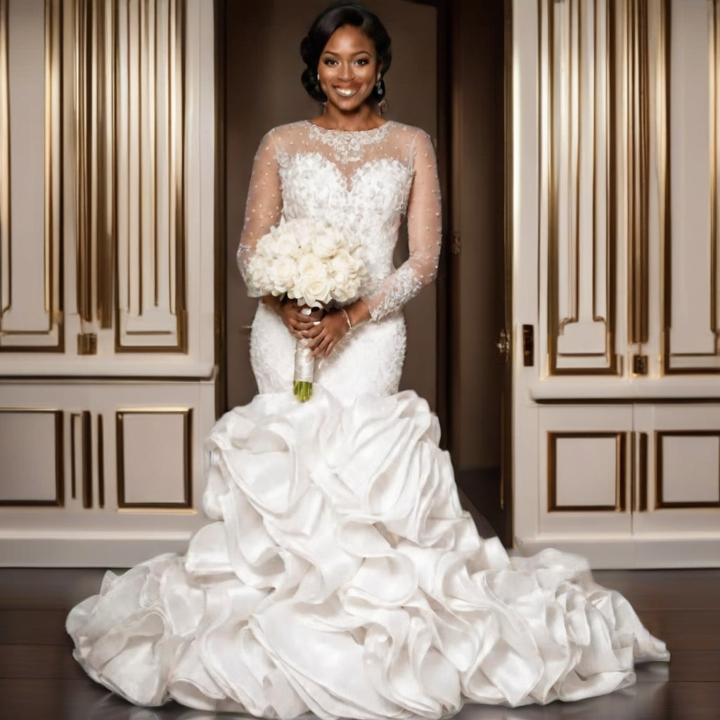 Lace Slim Fit Wedding Gown | Long Sleeve, Hollow Back, Lace-Up | Plus Size