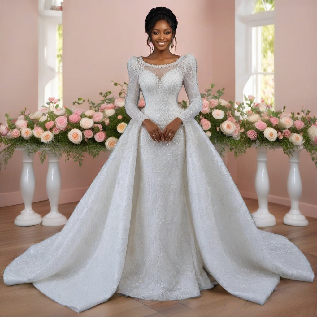 Luxury Pearl Beaded White Sheath Ball Gown Vintage Royal Wedding Dress