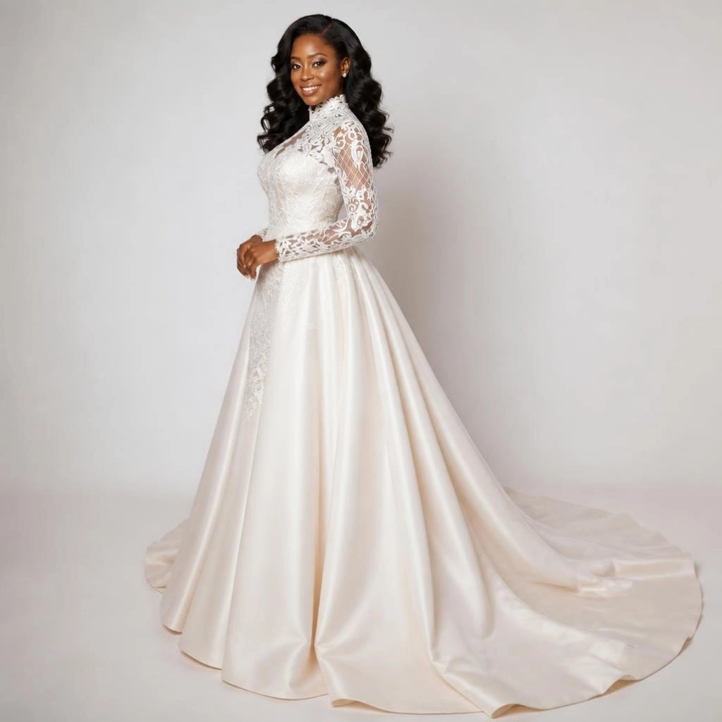 High Neck Lace Long Sleeve Plus Size Wedding Gown with Detachable lace Train