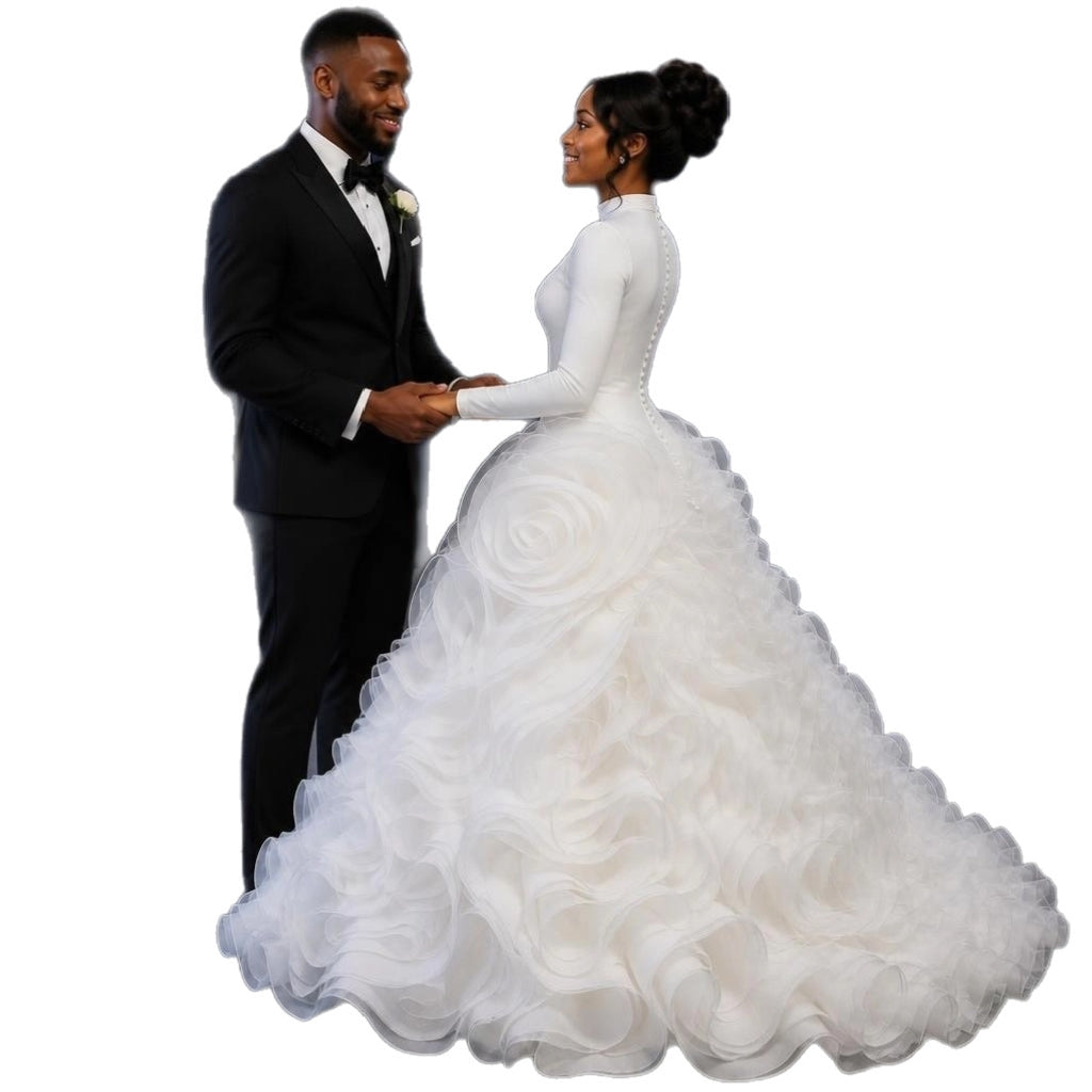 Plus Size Long Sleeve High Neck Ruffle Ball Gown – Ivory – Made to Order