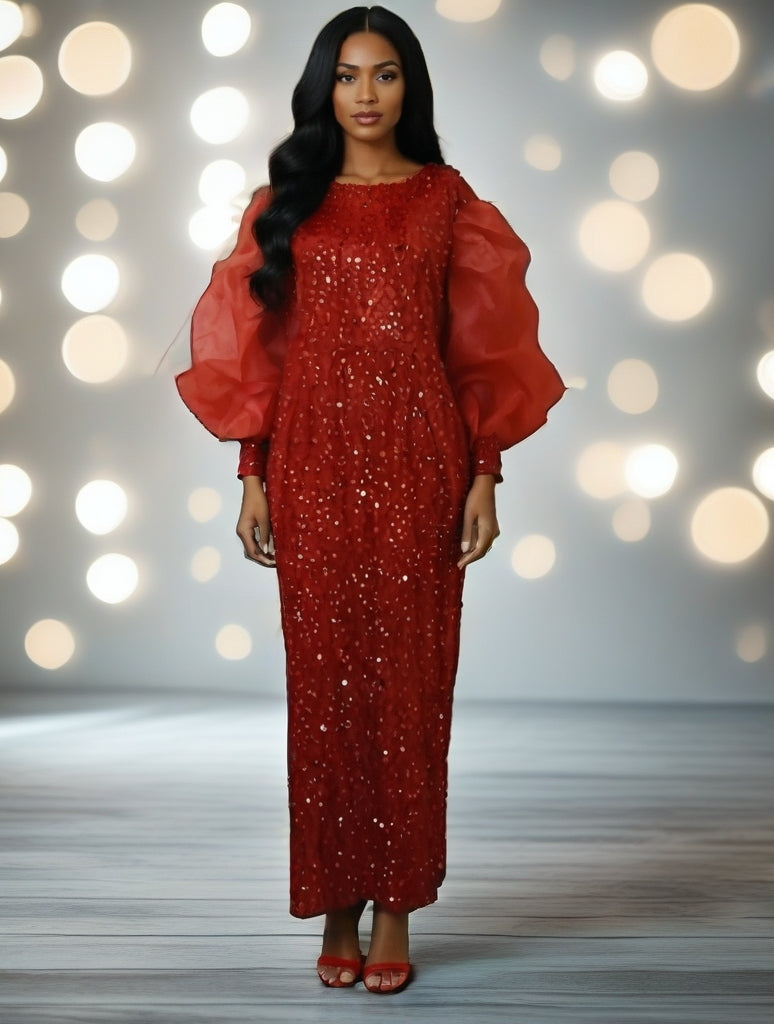 Elegant Red Maxi Sequin Dress with Ruffled Sleeves
