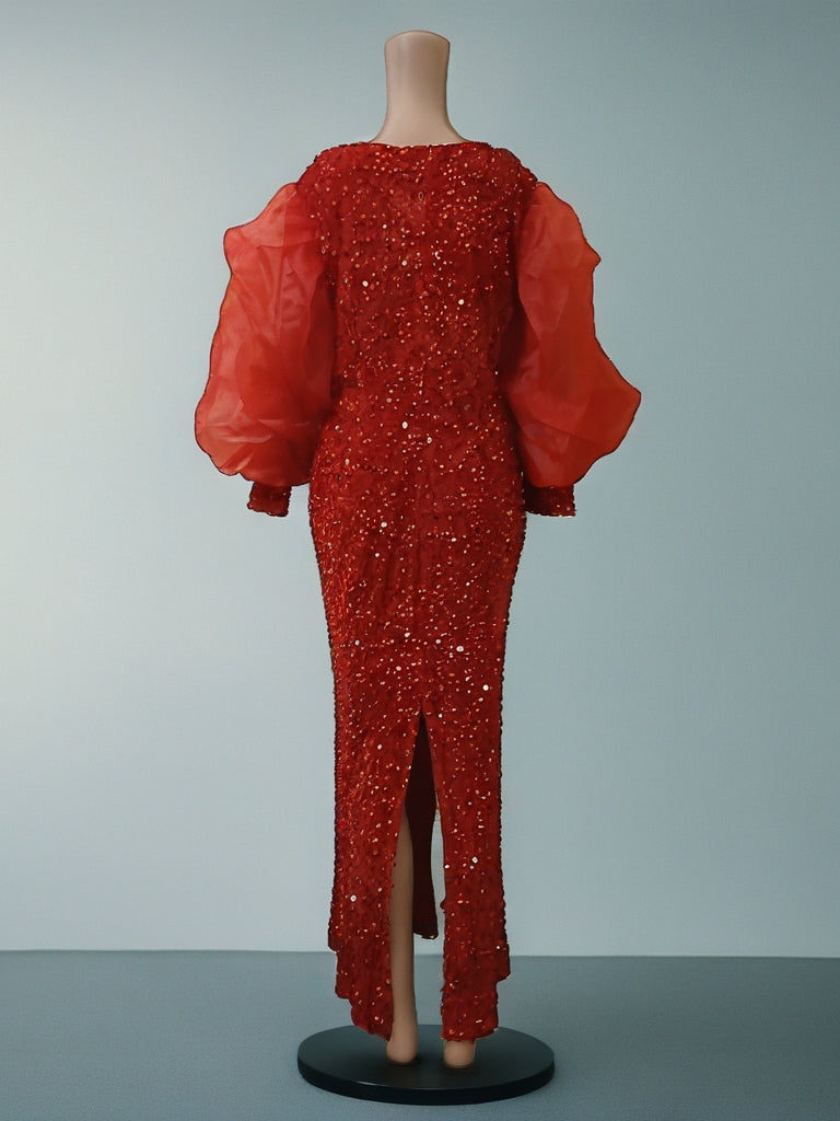 Elegant Red Maxi Sequin Dress with Ruffled Sleeves