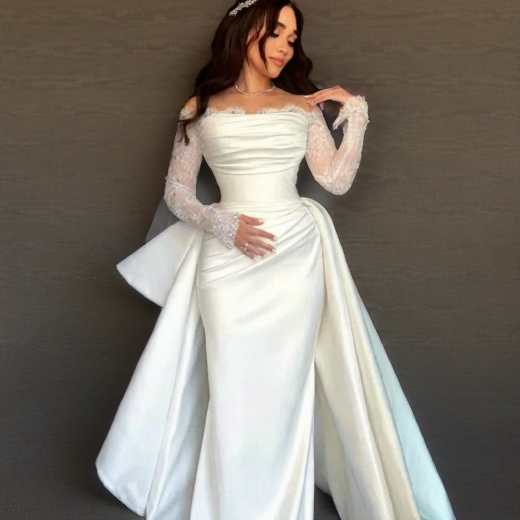 Off-Shoulder Mermaid Wedding Gown with Detachable Train | Lace Sleeves | Plus Size 2–26W