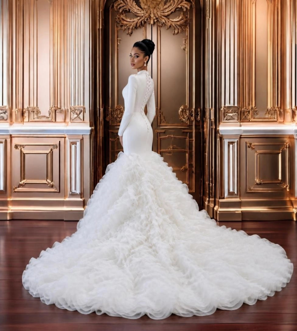 Plus Size Long Sleeve High Neck Ruffle Ball Gown – Ivory – Made to Order