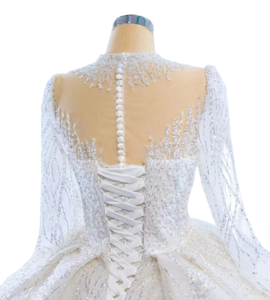 Crystal High Neck Ball Gown – Plus Size Wedding Dress with Long Sleeves & Cathedral Train