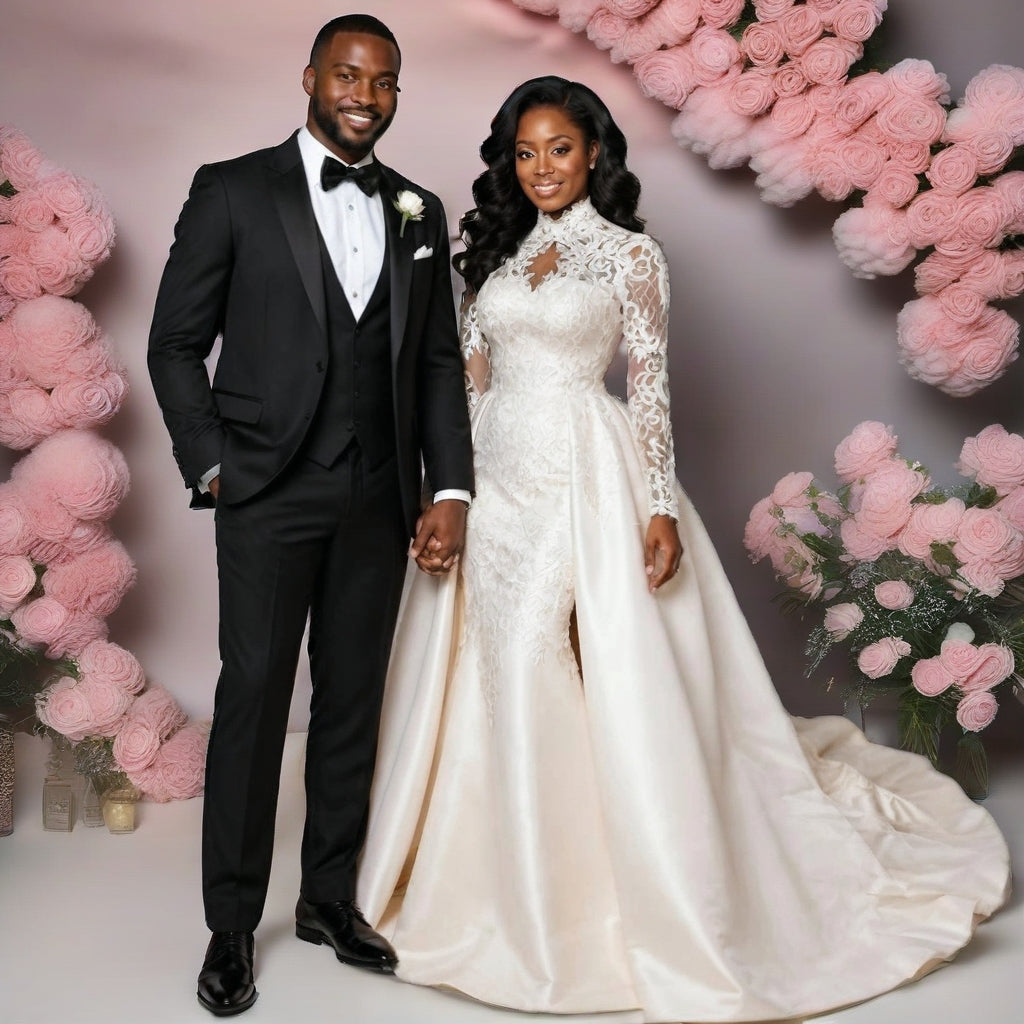 High Neck Lace Long Sleeve Plus Size Wedding Gown with Detachable lace Train