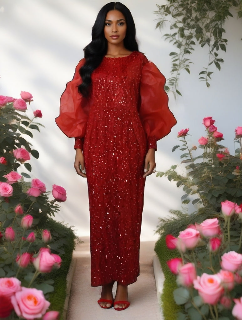 Elegant Red Maxi Sequin Dress with Ruffled Sleeves