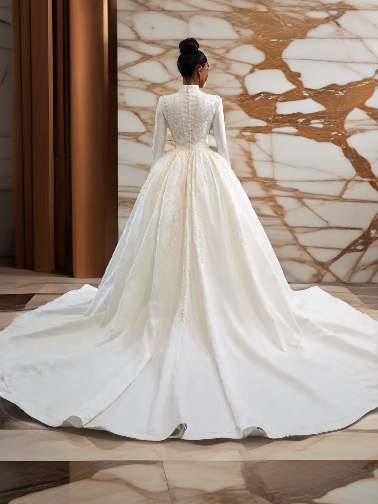 High Neck Long Sleeve Mermaid Wedding Gown with Detachable Cathedral Overskirt