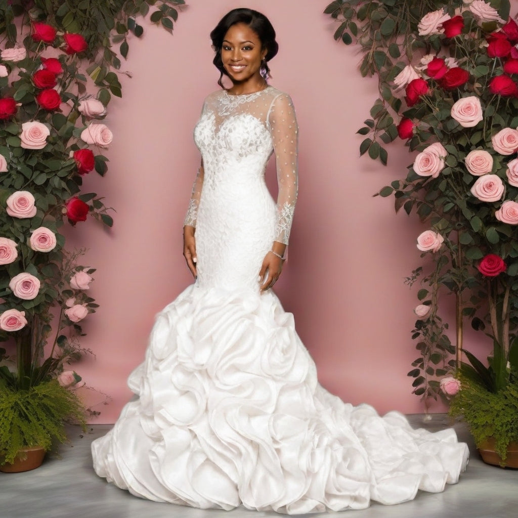 Lace Slim Fit Wedding Gown | Long Sleeve, Hollow Back, Lace-Up | Plus Size