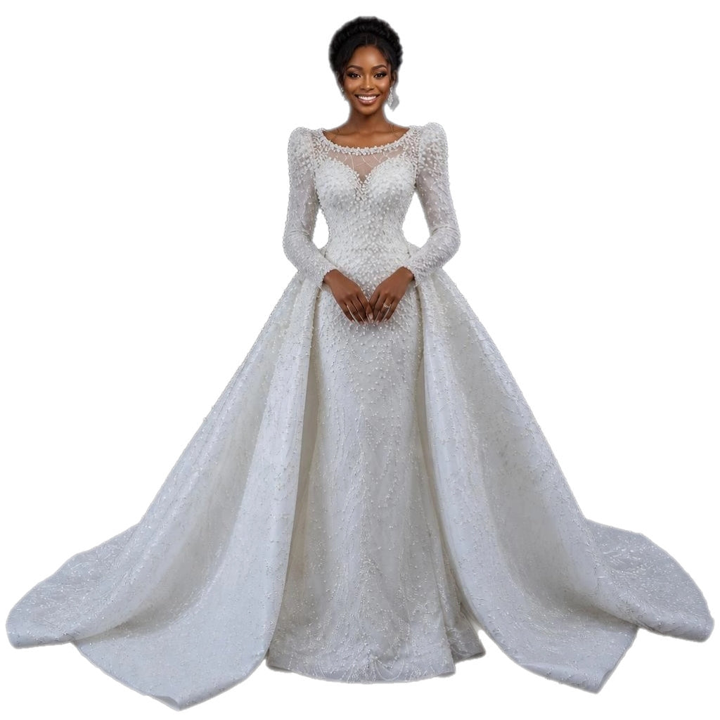 Luxury Pearl Beaded White Sheath Ball Gown Vintage Royal Wedding Dress