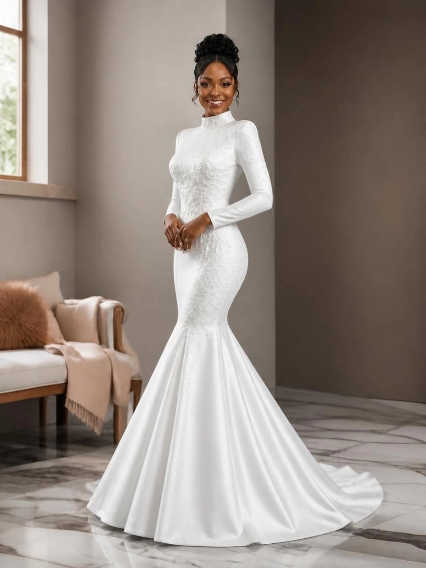 High Neck Long Sleeve Mermaid Wedding Gown with Detachable Cathedral Overskirt