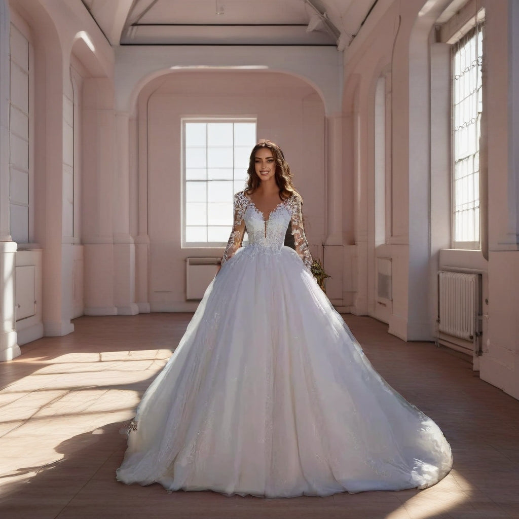 Sheer Lace Long Sleeve Ball Gown Plus Size Wedding Dress