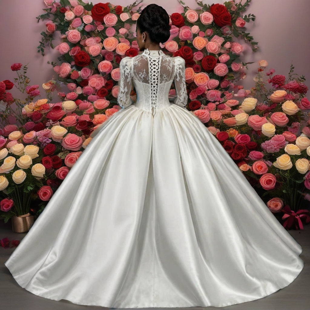 Lace & Satin Ball Gown Wedding Dress with Long Sleeves