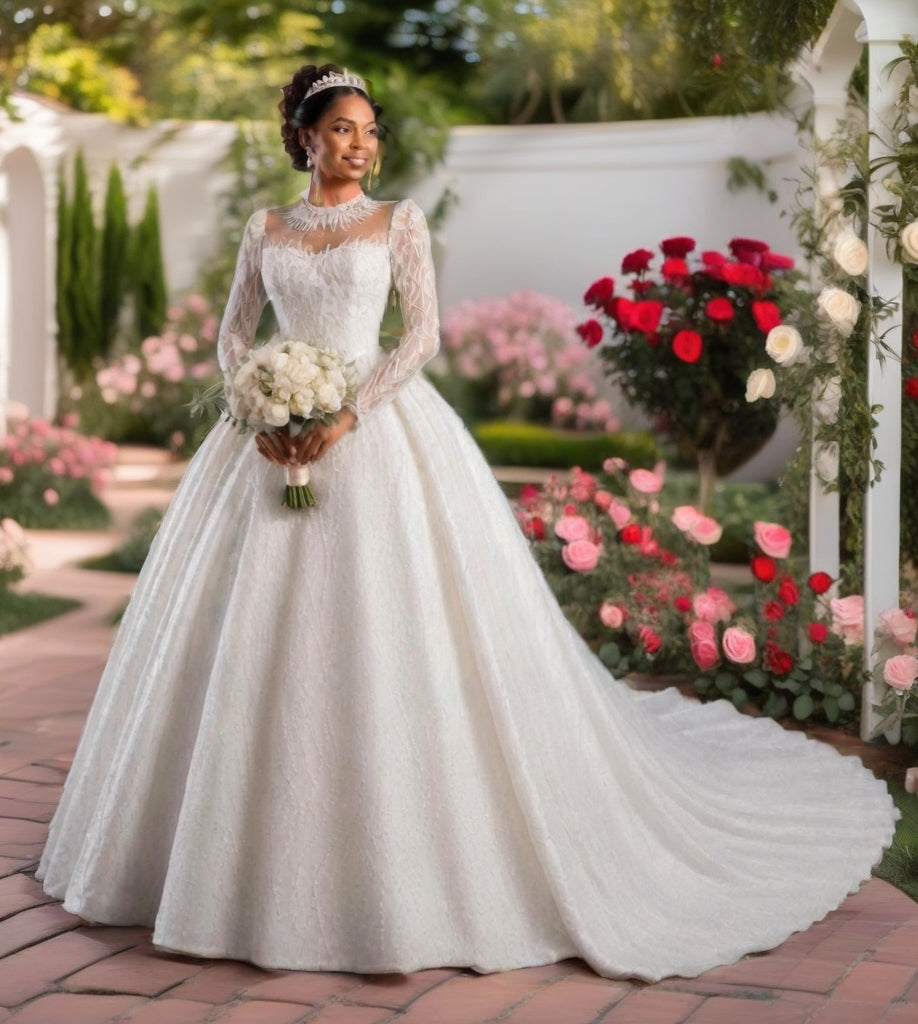 Crystal High Neck Ball Gown – Plus Size Wedding Dress with Long Sleeves & Cathedral Train