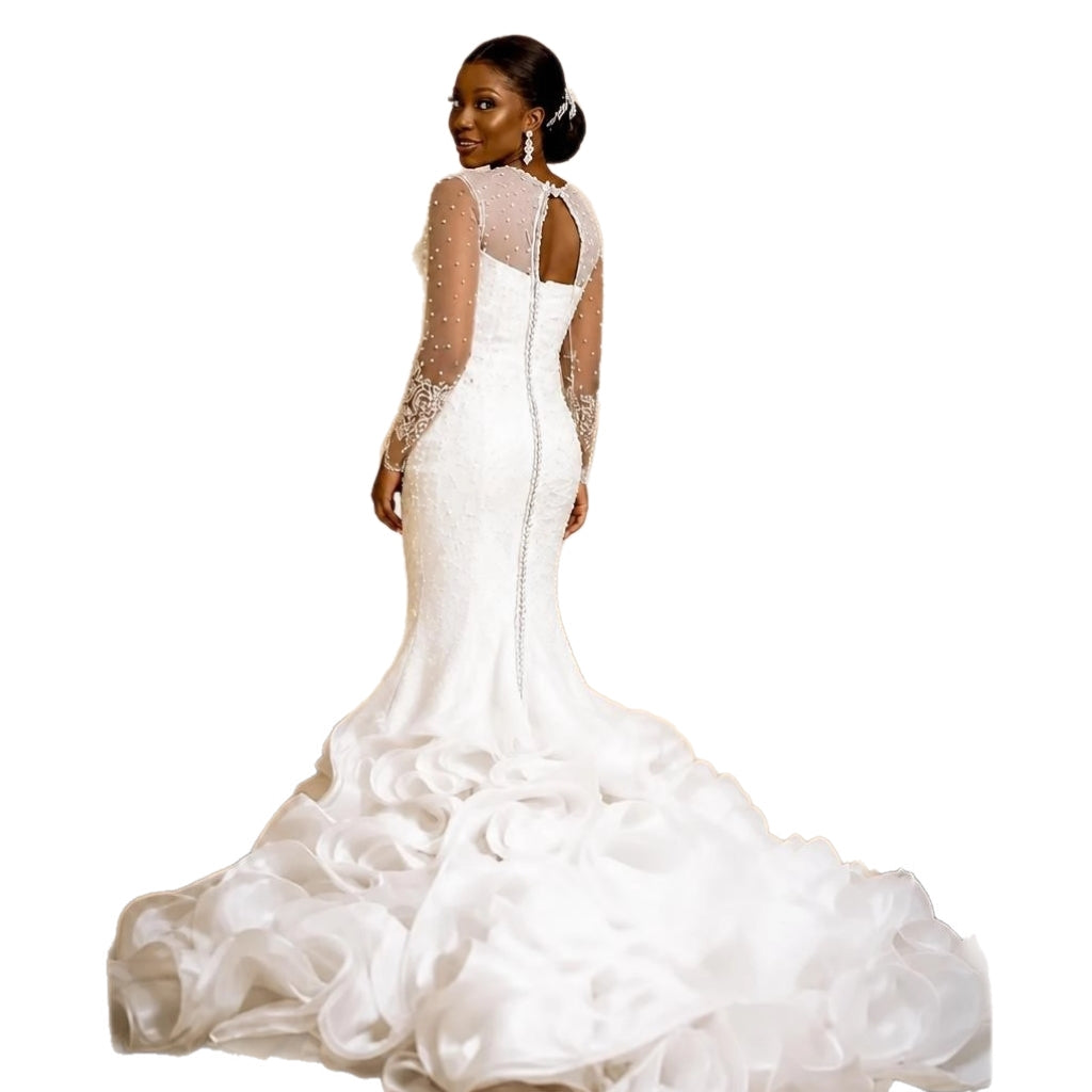 Lace Slim Fit Wedding Gown | Long Sleeve, Hollow Back, Lace-Up | Plus Size