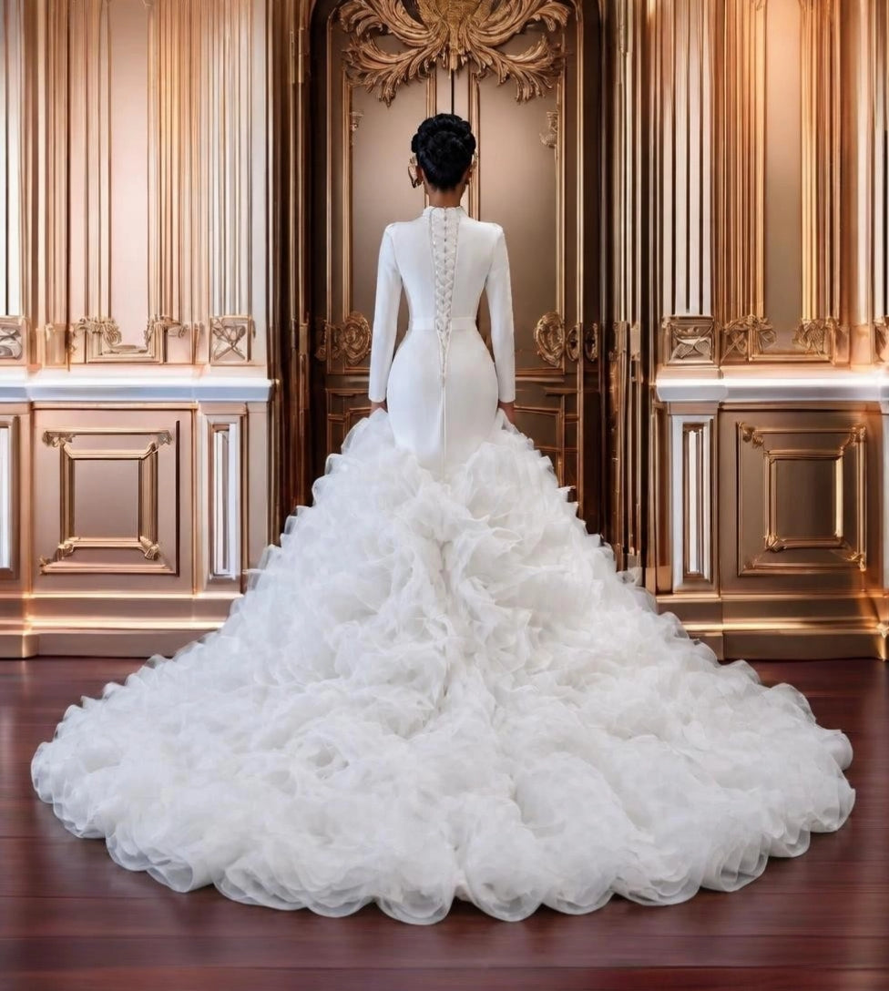 Plus Size Long Sleeve High Neck Ruffle Ball Gown – Ivory – Made to Order