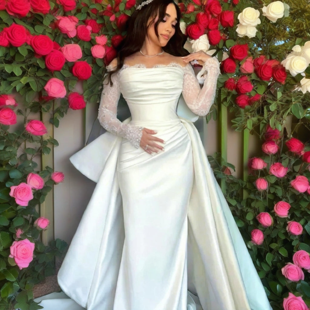 Off-Shoulder Mermaid Wedding Gown with Detachable Train | Lace Sleeves | Plus Size 2–26W