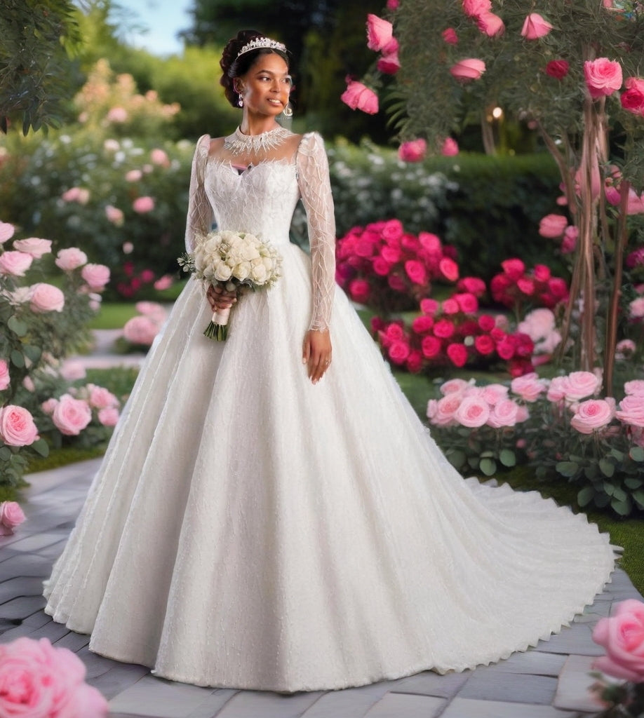 Crystal High Neck Ball Gown – Plus Size Wedding Dress with Long Sleeves & Cathedral Train