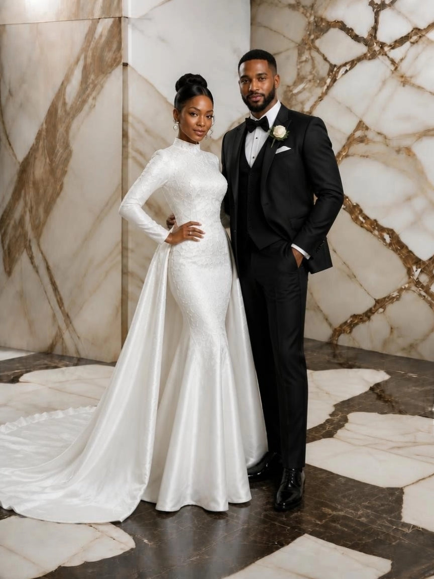 High Neck Long Sleeve Mermaid Wedding Gown with Detachable Cathedral Overskirt